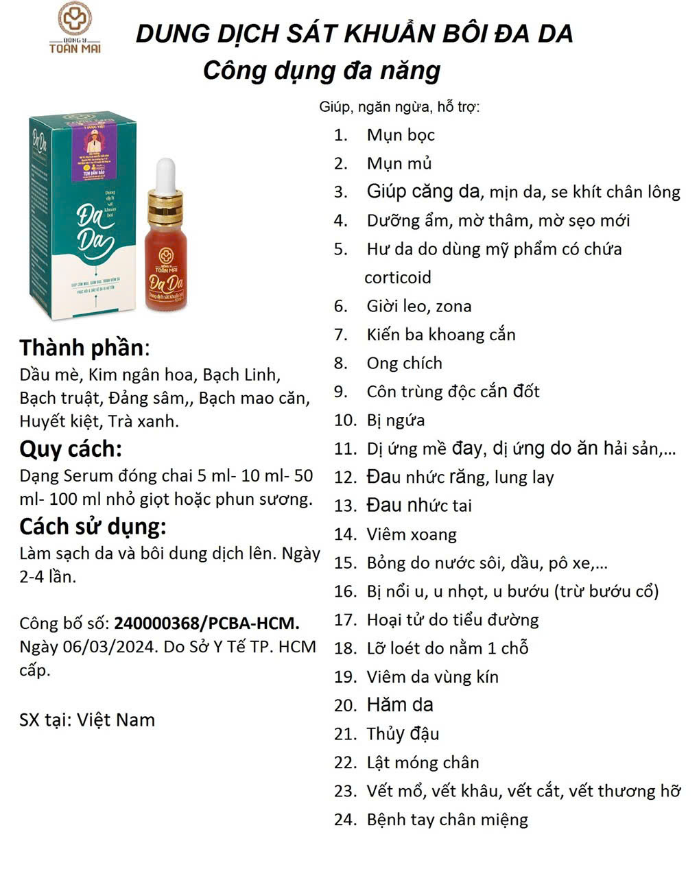 Dung dịch Sát khuẩn Bôi Da ĐA DA 10ml